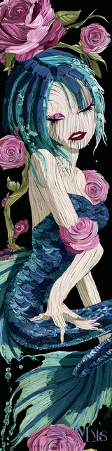 Free mermaid bookmark featuring a sad mermaid in blue and black tones